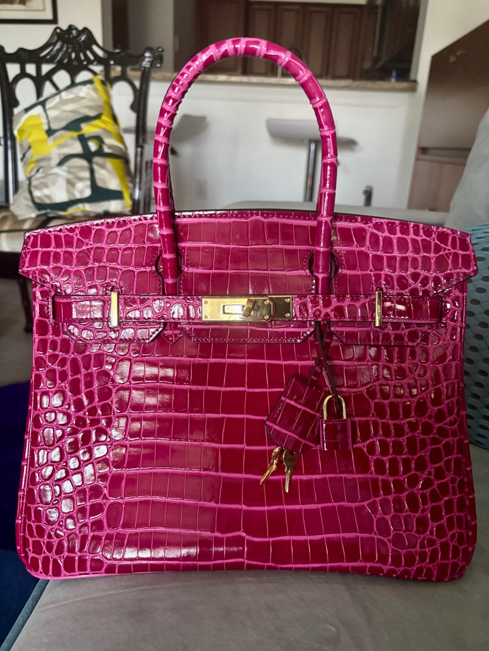 Fuchsia Croc-Embossed Satchel with Gold Hardware